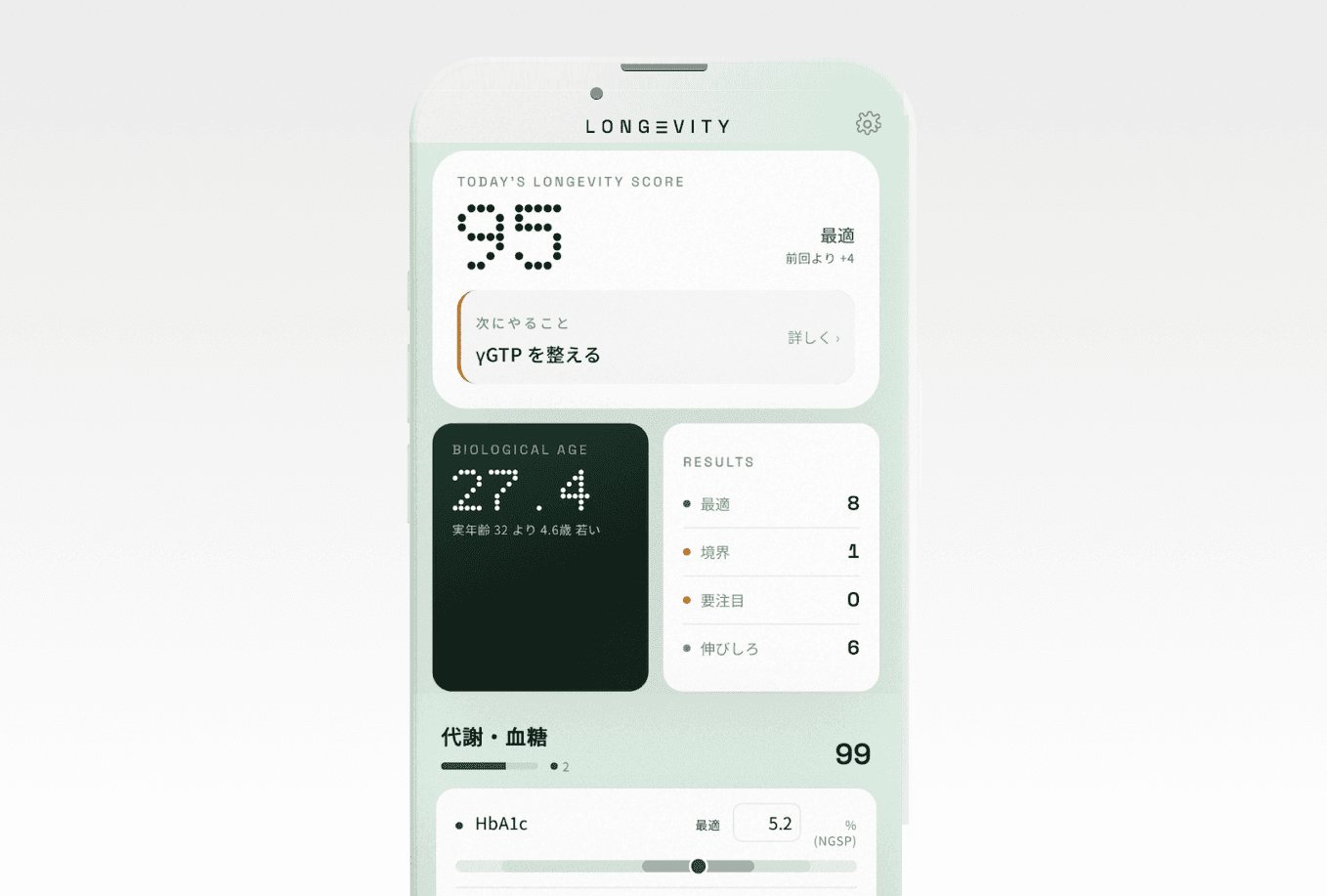 アプリで LONGEVITY SCORE と生物学的年齢を確認する画面